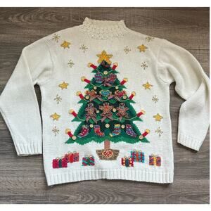 VTG Women’s Christmas Sweater Ugly Shoulder Pads Beldoch Popper Trees Bows Gifts